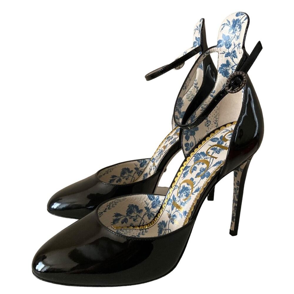 Gucci Daisy Black Patent Leather Ankle Strap Heels Size 39 - Picture 2 of 14